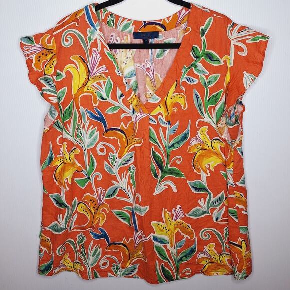 Rachel Rachel Roy Linen Floral Top 2X Popover Tiger Lily Flutter Sleeve V-neck - Picture 9 of 9